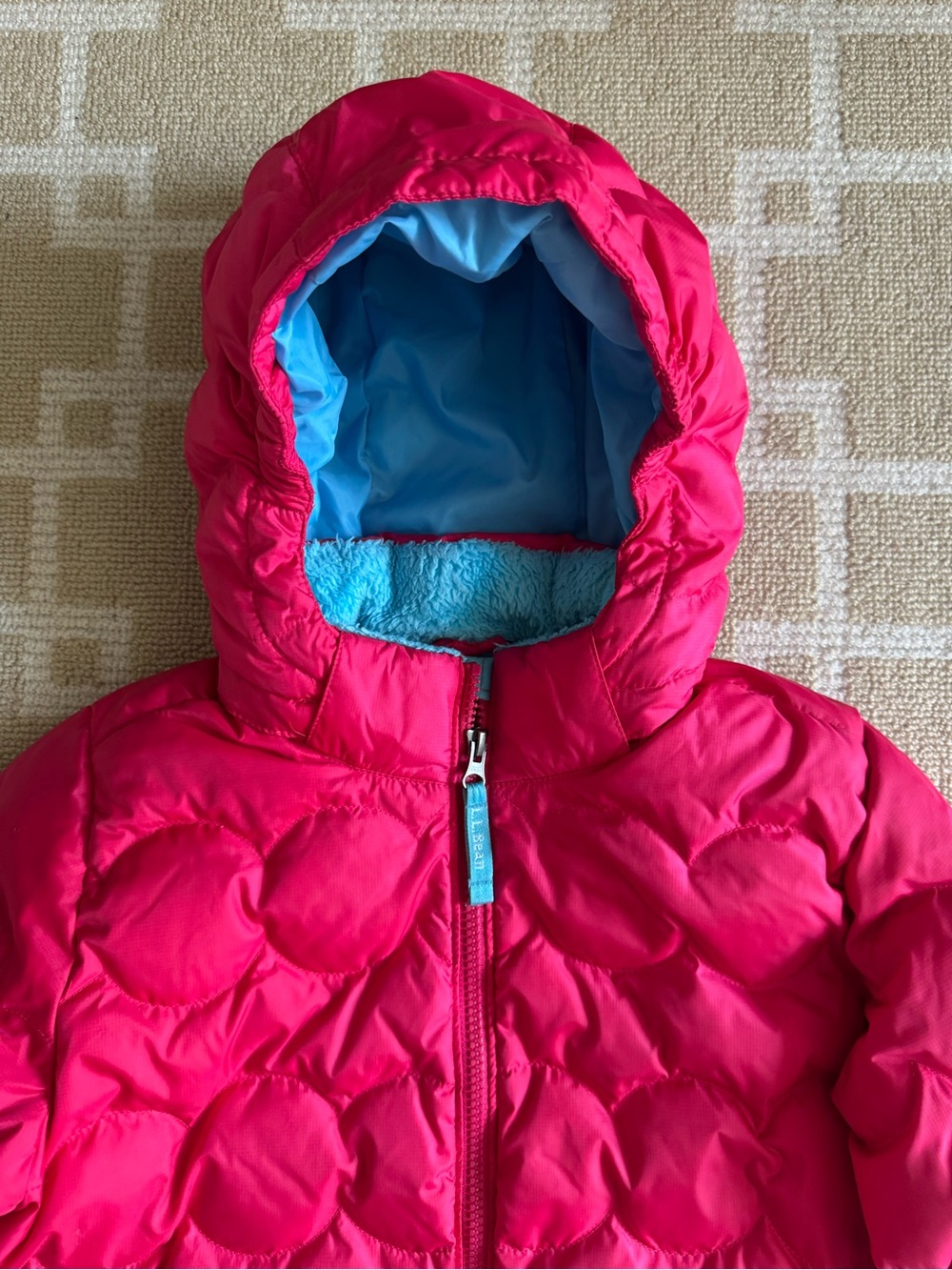 L.L. Bean DownTek Hooded Puffer Jacket Hot Pink Blue Girls Medium 10-12 - Picture 5 of 15